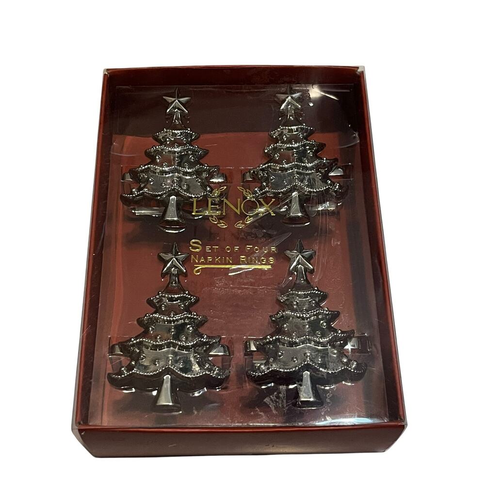 Lenox Chrome Silver Christmas Tree Napkin Rings Set of 4